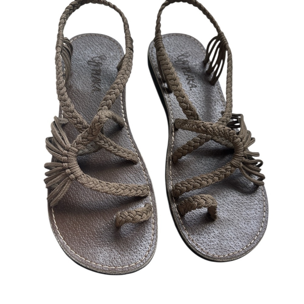 Plaka Braided Taupe Brown Slingback Sandals Palm Leaf Boho